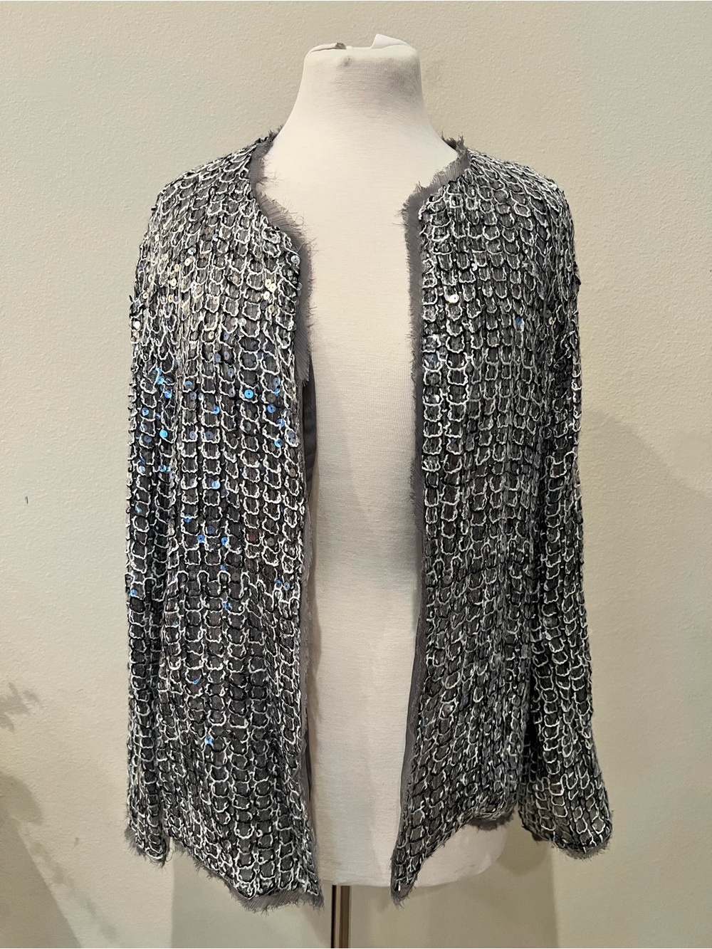 Zara Gray Open-Front Textured Knit Cardigan Shiny Shells Small